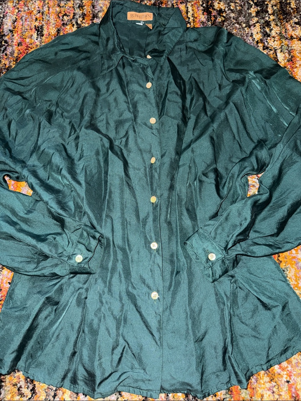 Vintage Deep Green Satin Button-Front Blouse